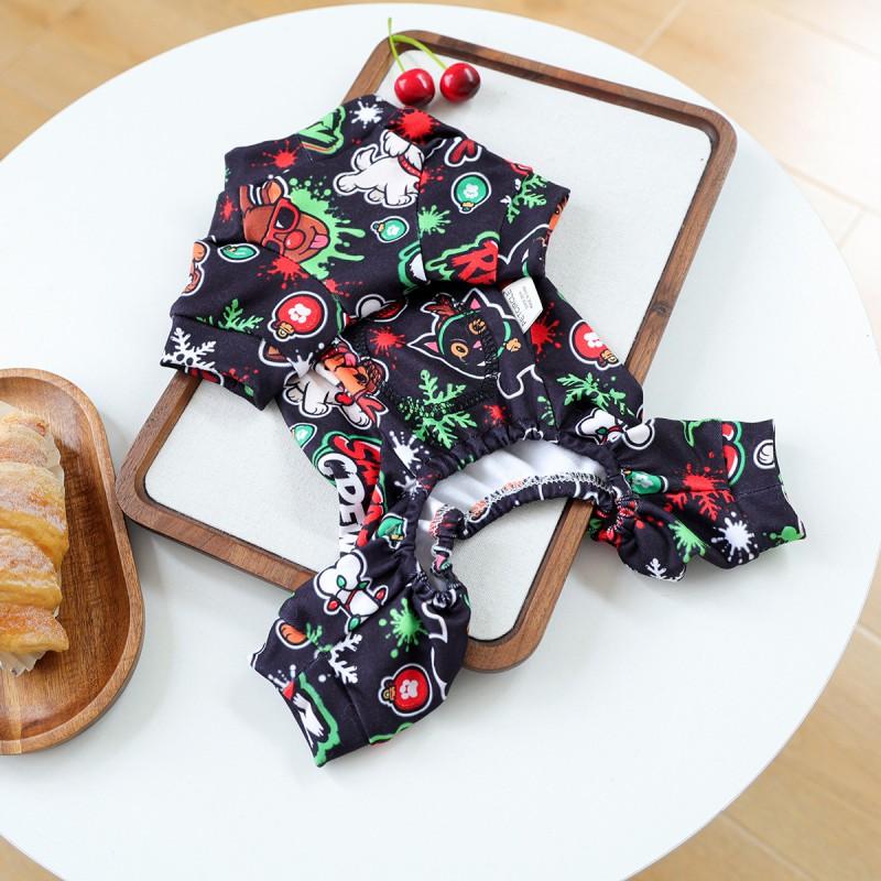 Pet Winter Warm Pajamas With Harness Loop Small Dogs Cats - Christmas Plaid Hooded Bodysuit