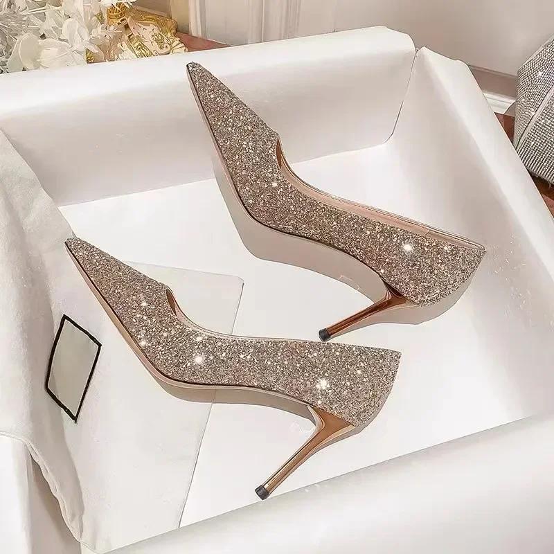 High Heels Women Wedding Shoes Bride Gold Heels Luxury Designer Elegant Party Sandals Dress Banquet Sequins Sandalias De Tacón