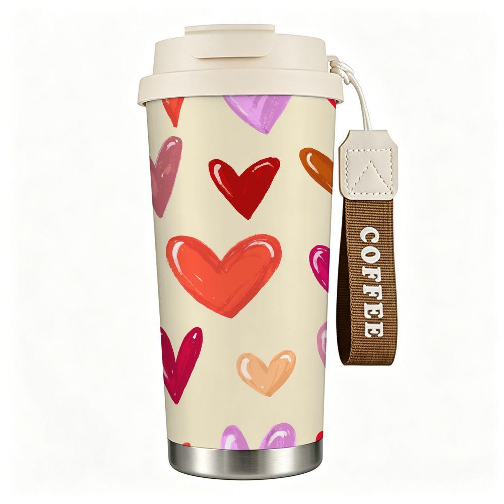 Cute Hand Painted Colorful Heart Pattern Insulated Coffee Tumbler, Vacuum Travel Mug with Lid, Reusable Cup for Office School Gift