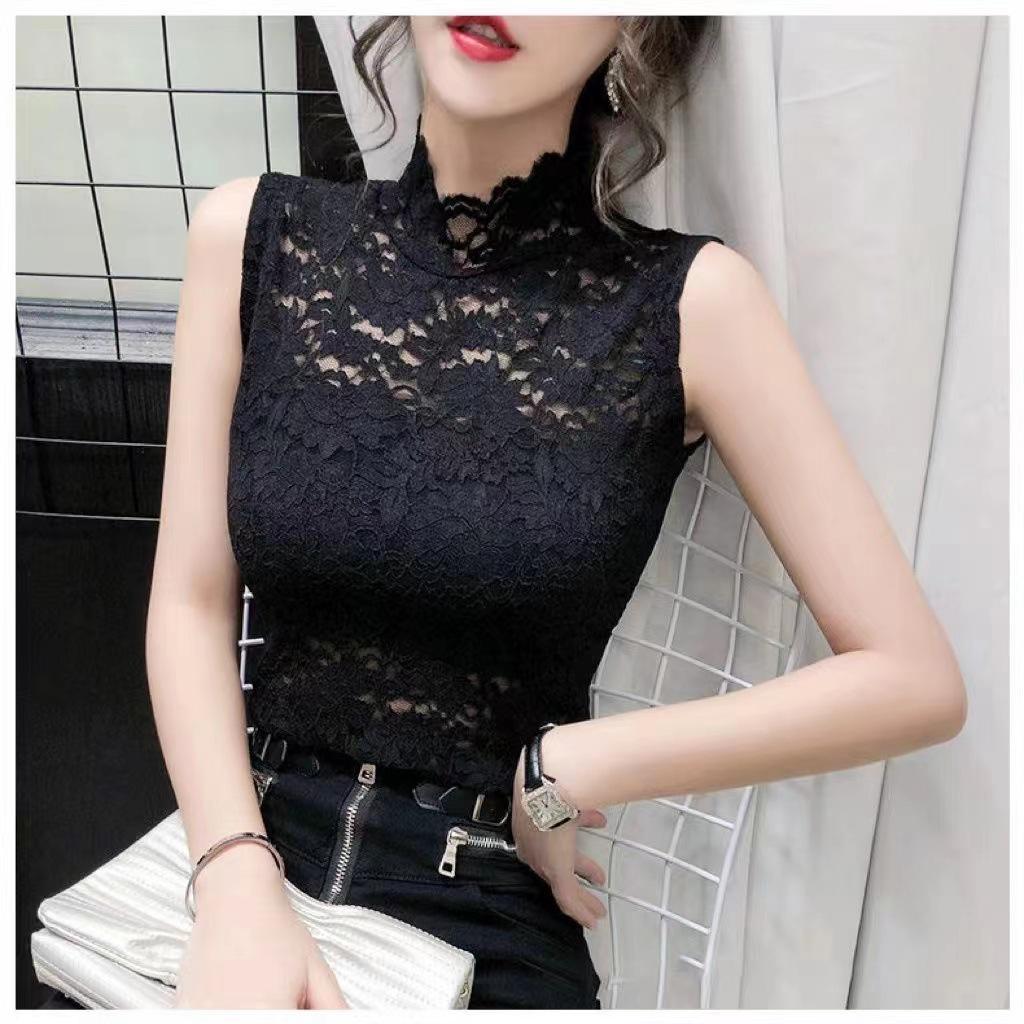 Осенне-зимний кружевной сетчатый топ с высоким воротником, облегающий, с длинными рукавами, женский
