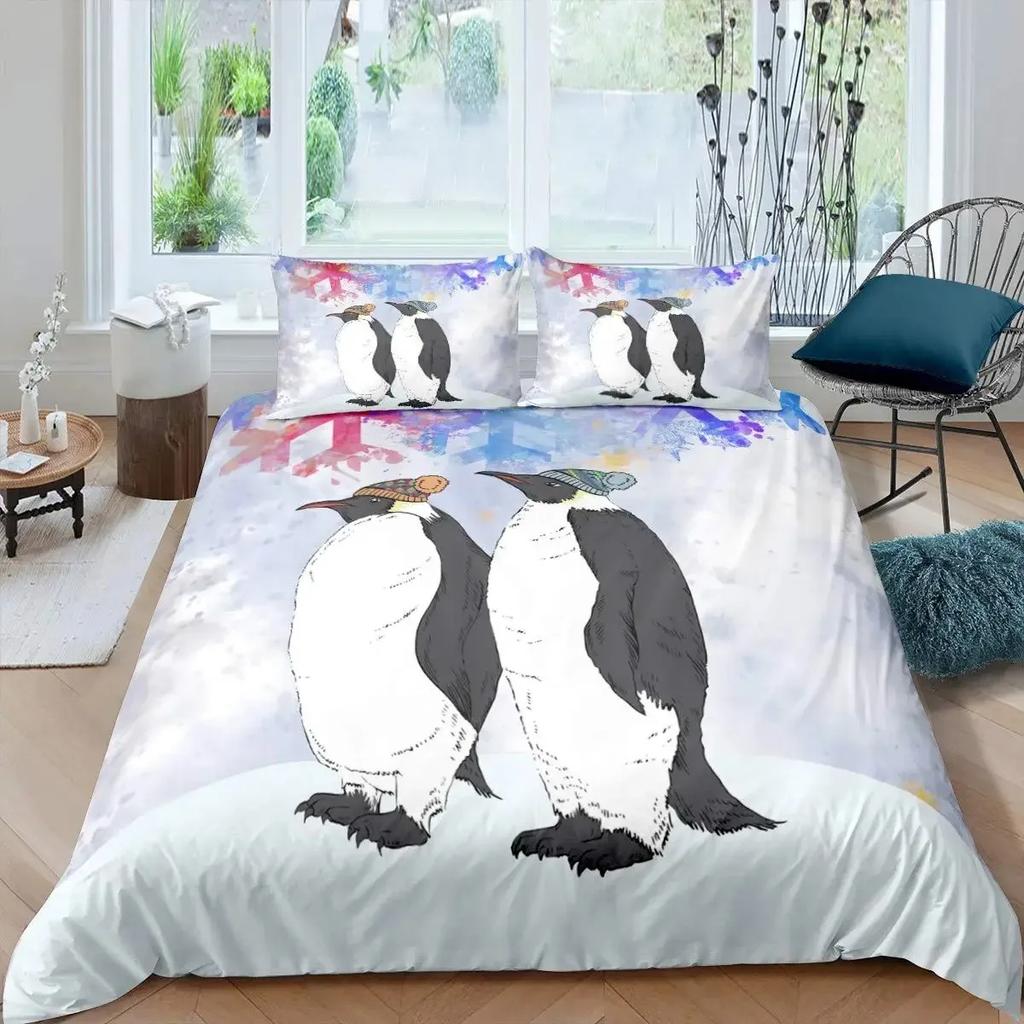 Penguin Duvet Cover Set Full Cute Animals Bedding Set Snow Decor Comforter Cover Set Cute Penguin Animal Quilt Cover Queen Size
