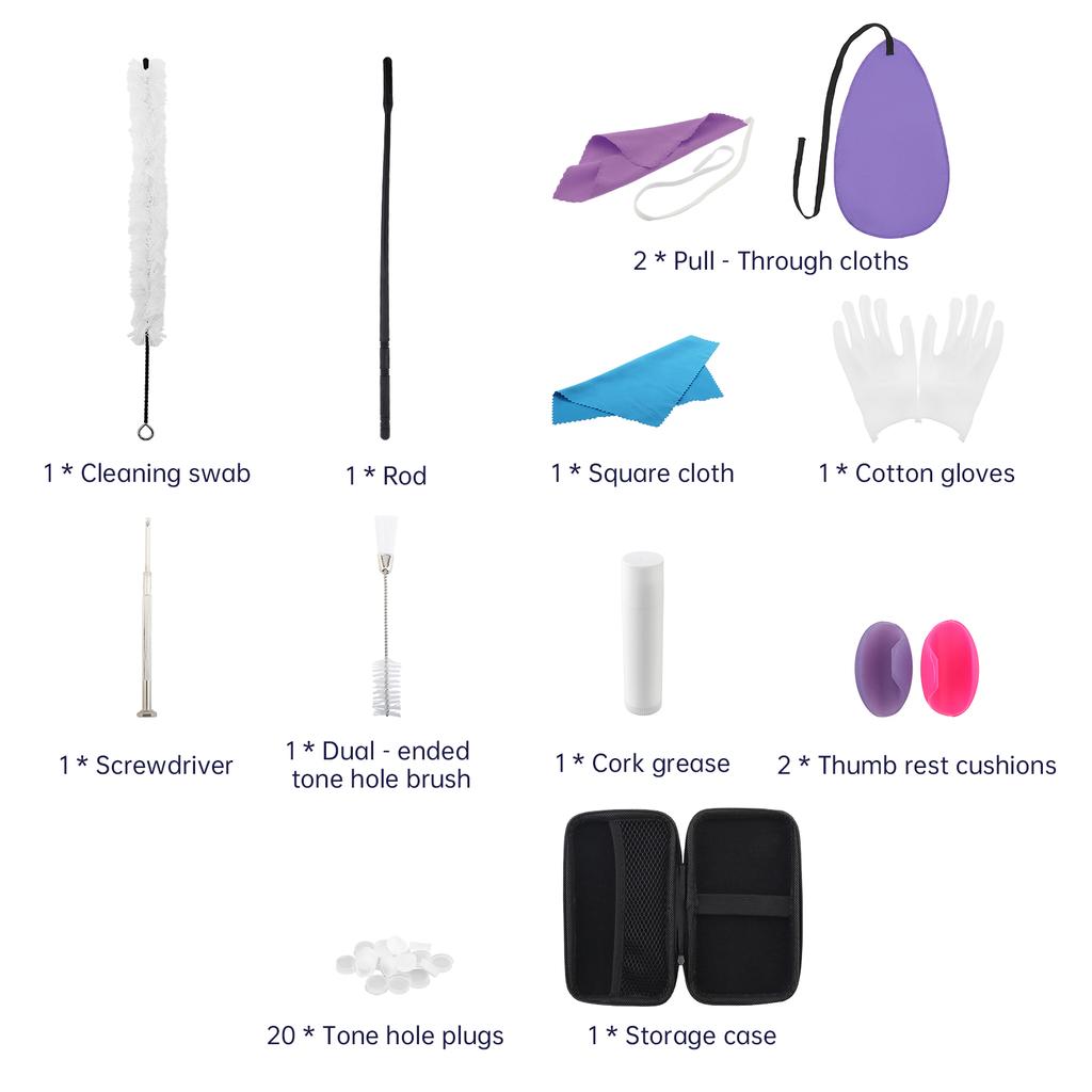 Полный набор для чистки и ухода за флейтой, 32 предмета, с чистящим стержнем, щеткой, тканью, заглушками, подушечкой, чехлом для хранения. Инструмент для ухода за флейтой "все в одном".