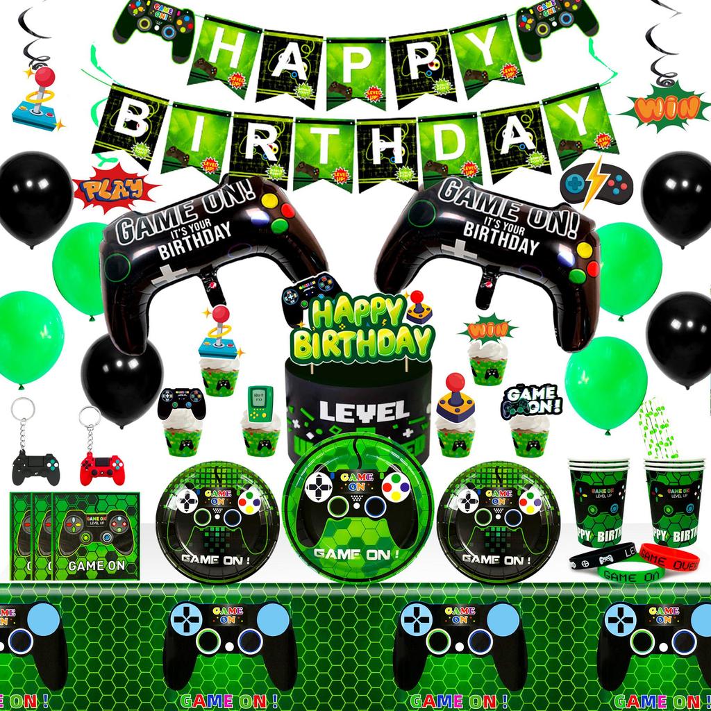 Gaming Birthday Party Supplies for kids,Video Game Party Decorations&Tableware Set-Plates Cups Tablecloth Balloons Banner Etc Party Supplies