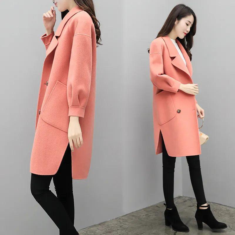 Пальто Женское Осенне-зимнее Нового Стиля Средней Длины Рукав-фонарик Миниатюрное Фиолетовое Шерстяное Пальто Женское