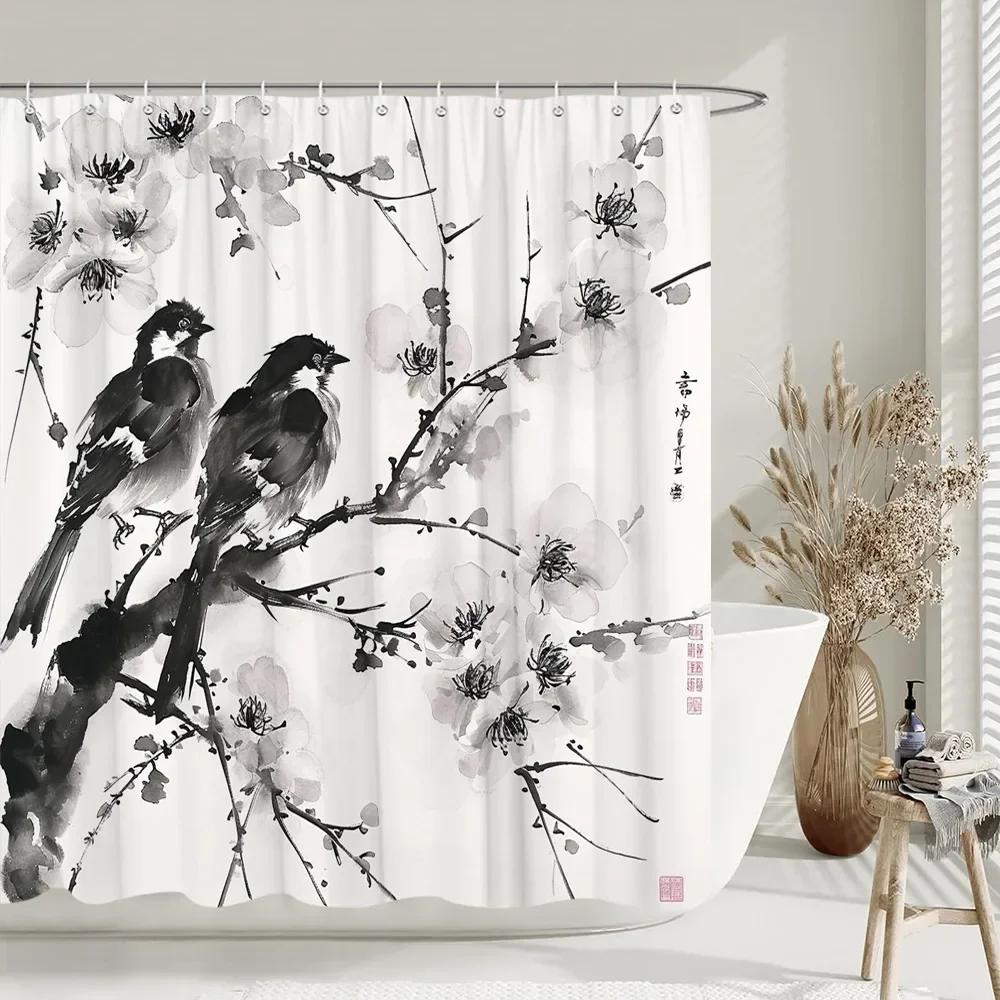 Шторка для душа в китайском стиле Карп Кои Сакура Солнце Море Волна Осьминог Пейзаж Полиэстеровая ткань Занавески Декор для ванной