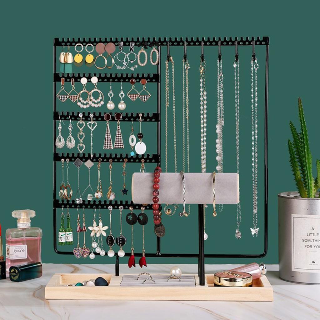 Metal Jewelry Organizer Stand with Wooden Tray - Multi-Functional Storage for Earrings, Necklaces, Bracelets & Rings