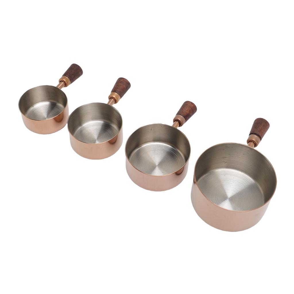 4pcs Stainless Steel Measuring Cup Stackable Condiment Cups Dipping Sauce Cups with Short Wooden Handle for Coffee