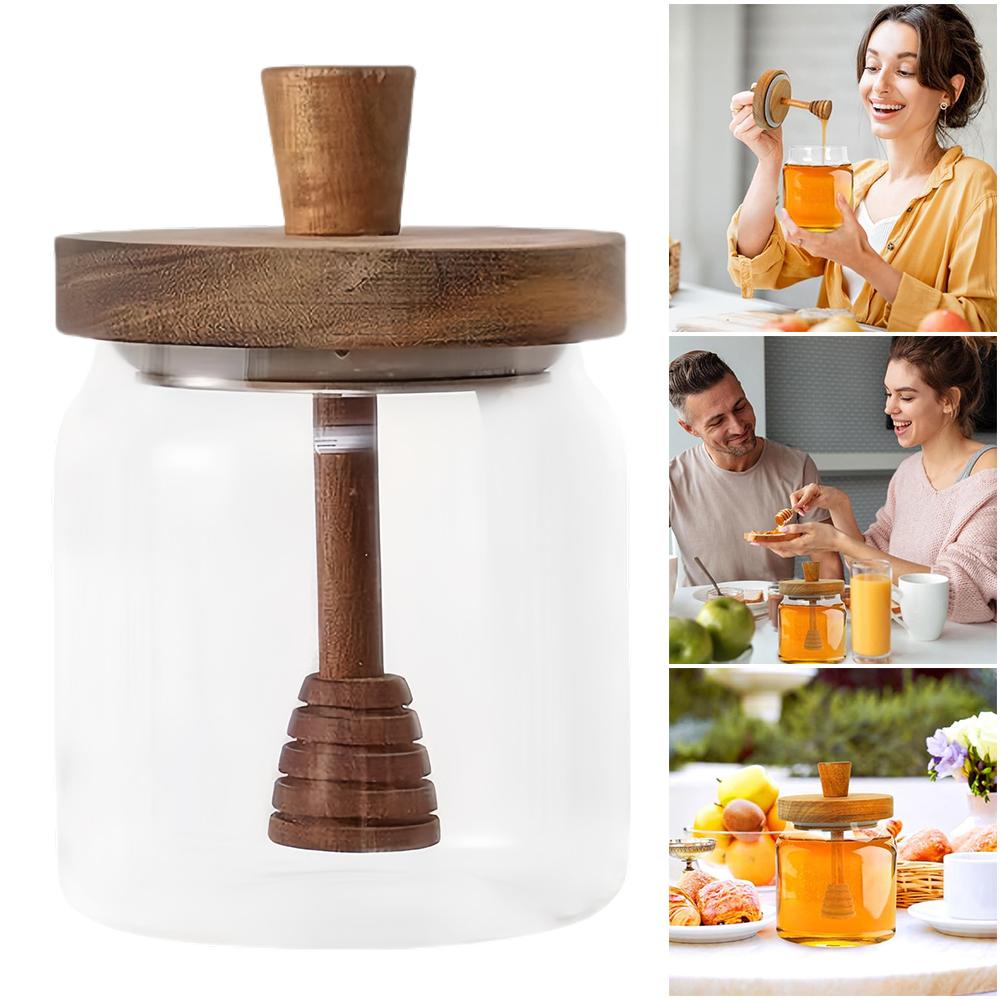 Стеклянная банка для меда с палочкой-дозатором и крышкой, 18 унций, герметичный диспенсер для сиропа, контейнер-горшочек для меда для домашней кухни