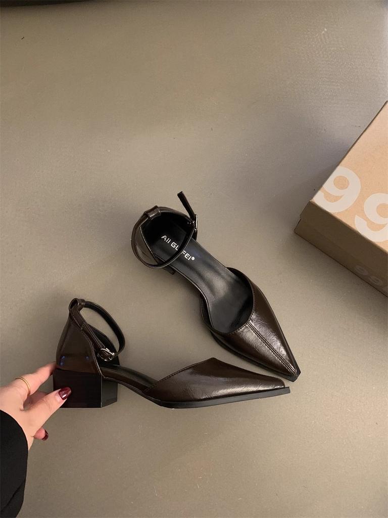 Fashion Spring Summer New Niche Temperament Single Shoe Shallow Mouth Simple Comfortable Versatile Casual Black Mid Heel Pointed Sandals