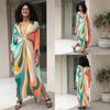 Vintage Peacock Feather Printing Loose Kaftan Swimsuit Coverup For Women Summer Casual House Dress Beachwear Cover-up