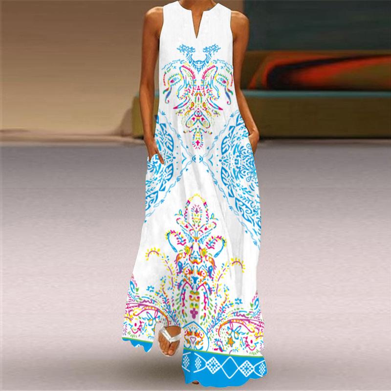 2026 summer women's fashion and sexy digital printing long dress V-neck sleeveless pocket European and American dress S-5XL