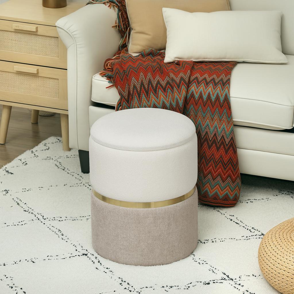 Sitzhocker With Storage Space Ottoman With Lid Metal Ring Two Tone Design 36 X 36 X 44 Cm Cream White