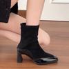 Версия из коровьей кожи осенне-зимний темперамент эластичные тонкие ботильоны на высоком каблуке ботинки на задней молнии модные ботинки квадратный носок простые универсальные короткие ботинки