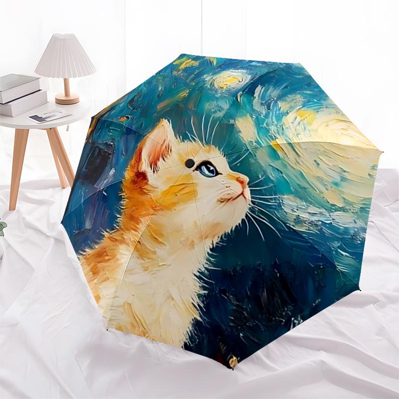1pc "Cat Night" Auto Open/Close Leisure Umbrella, Portable Folding Umbrella for Travel,suitable as a gift for various festivals
