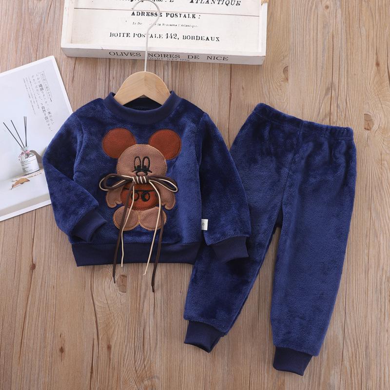 Children's Autumn and Winter Pajamas with Cartoon Bear Flannel Set of Home Clothes
