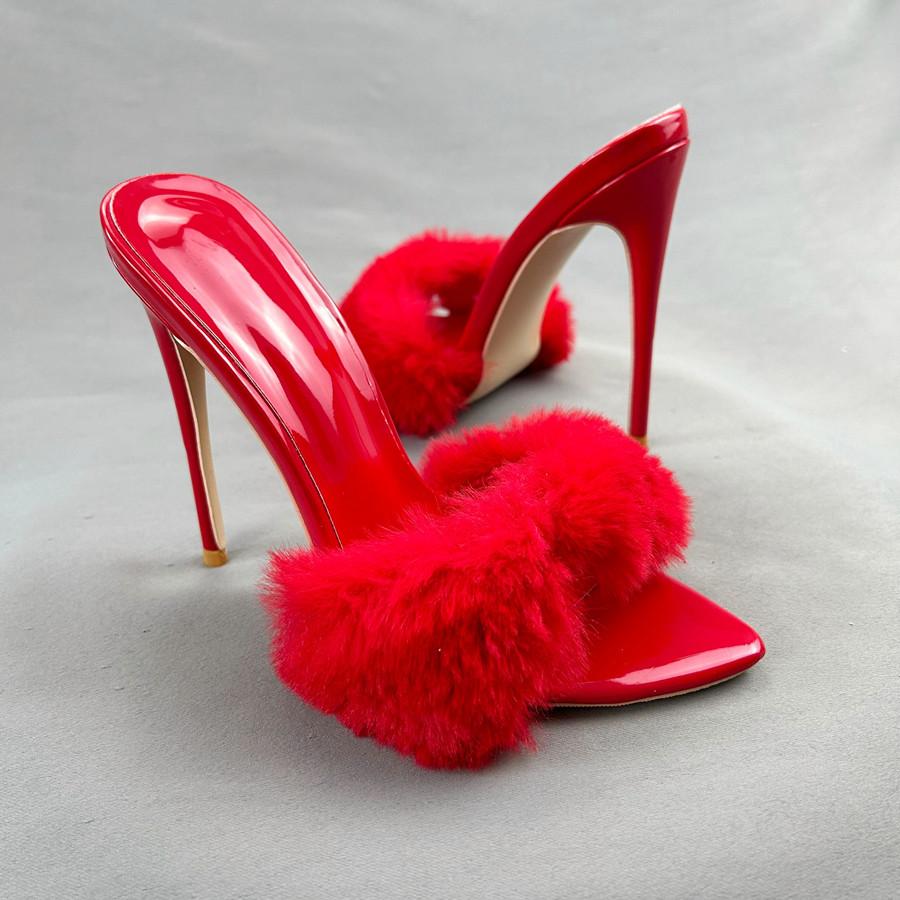 Сексуальные женские босоножки с меховым покрытием красного цвета на каблуках 12 см, свадебные туфли, женские тапочки, большие размеры 33-45