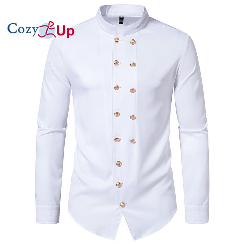Cozy Up Mens Double Breasted Steampunk Dress Shirts Long Sleeve Punk Rock Gothic Shirt Men Halloween Party Prom Chemise Homme Black 2XL