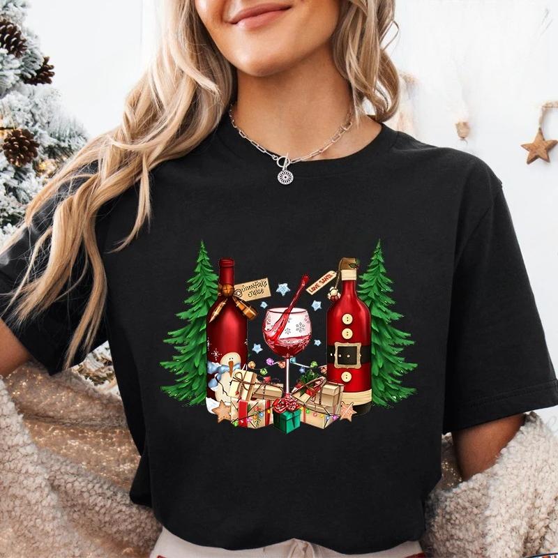 Christmas Lights Red Wine Glass Women T-shirt Fashion Christmas Drinking Party Tops Harajuku Casual Aesthetic Women Party Tops