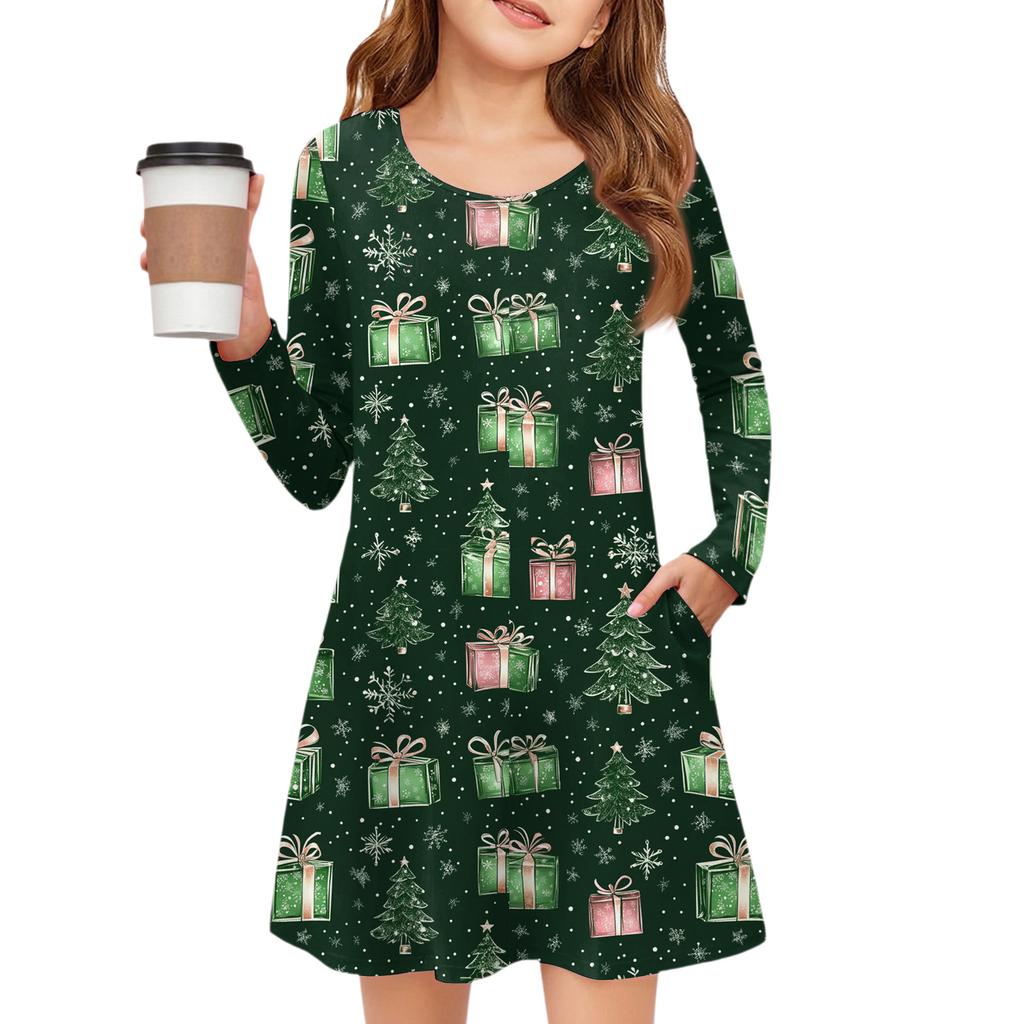 Christmas Day Girls' Long Sleeve Dress - Color Pocket Dress