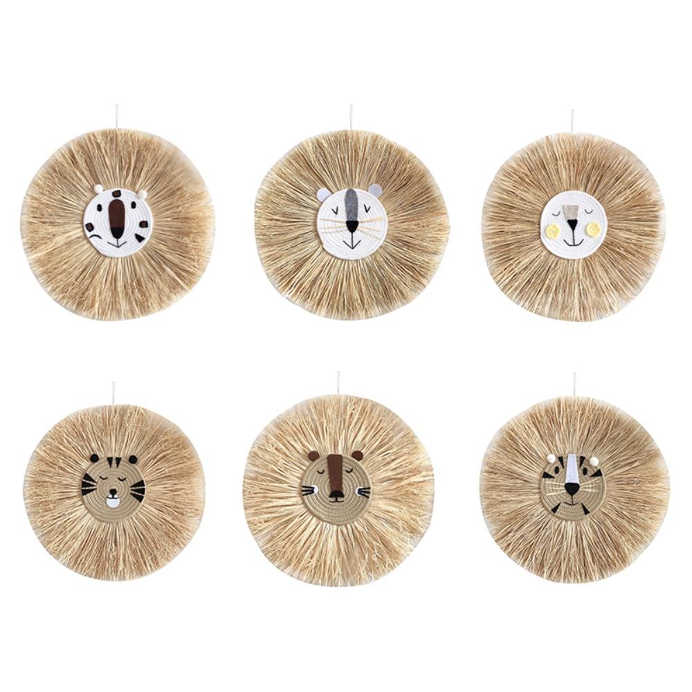 Hand-woven Cartoon Lion Tiger Straw Wall Hanging Craft Cotton Thread Weaving Tapestry Decor