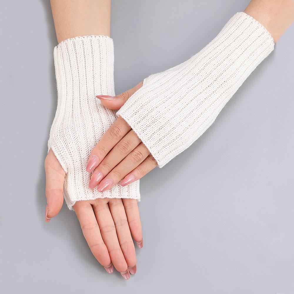1 Pair Autumn Winter Short Arm Sleeves Half Finger Gloves For Women Solid Color Knitted Fingerless Gloves Hand Warmer Mittens