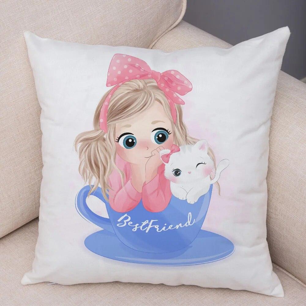 Children's Room Sofa Home Pillowcase Cute Cartoon Girl and Cat  Decoration  Animal Cushion Cover