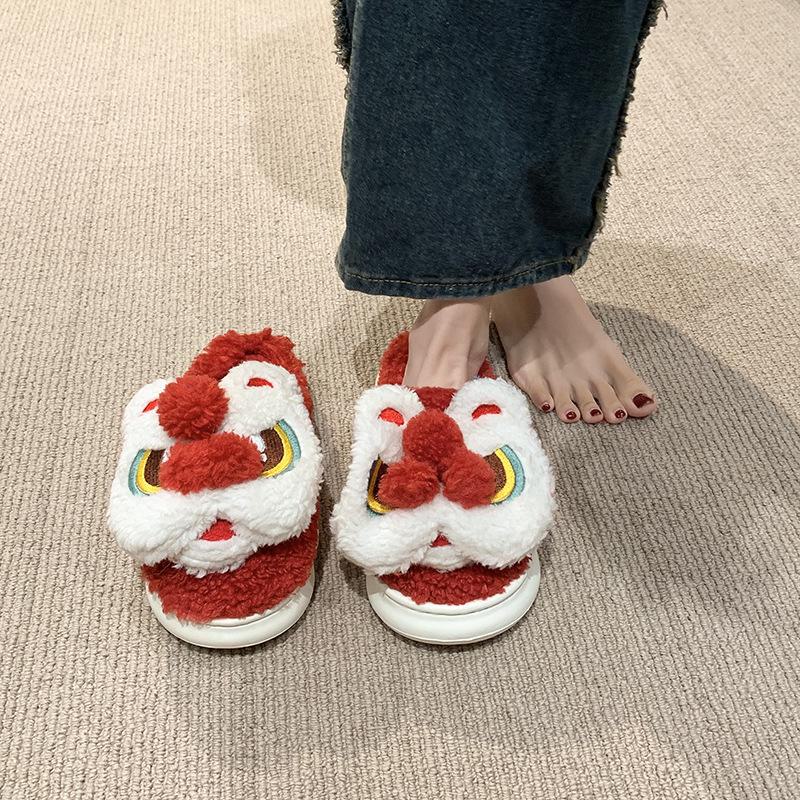 Мягкие хлопковые тапочки в форме льва: Теплая, высокая домашняя обувь на толстой подошве для мужчин и женщин.