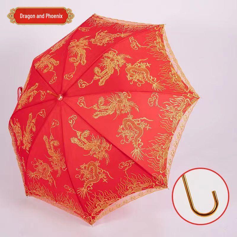 Ярко-красный вышитый свадебный зонт с кружевным краем и длинной ручкой