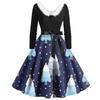 Women Vintage Long Sleeve Christmas Print 1950s Housewife Evening Party Prom Dress