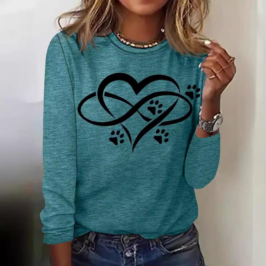 Round Neck 3D Printed Love Cat Footprint Pattern Top Fashionable Casual Long Sleeved Women's T-shirts