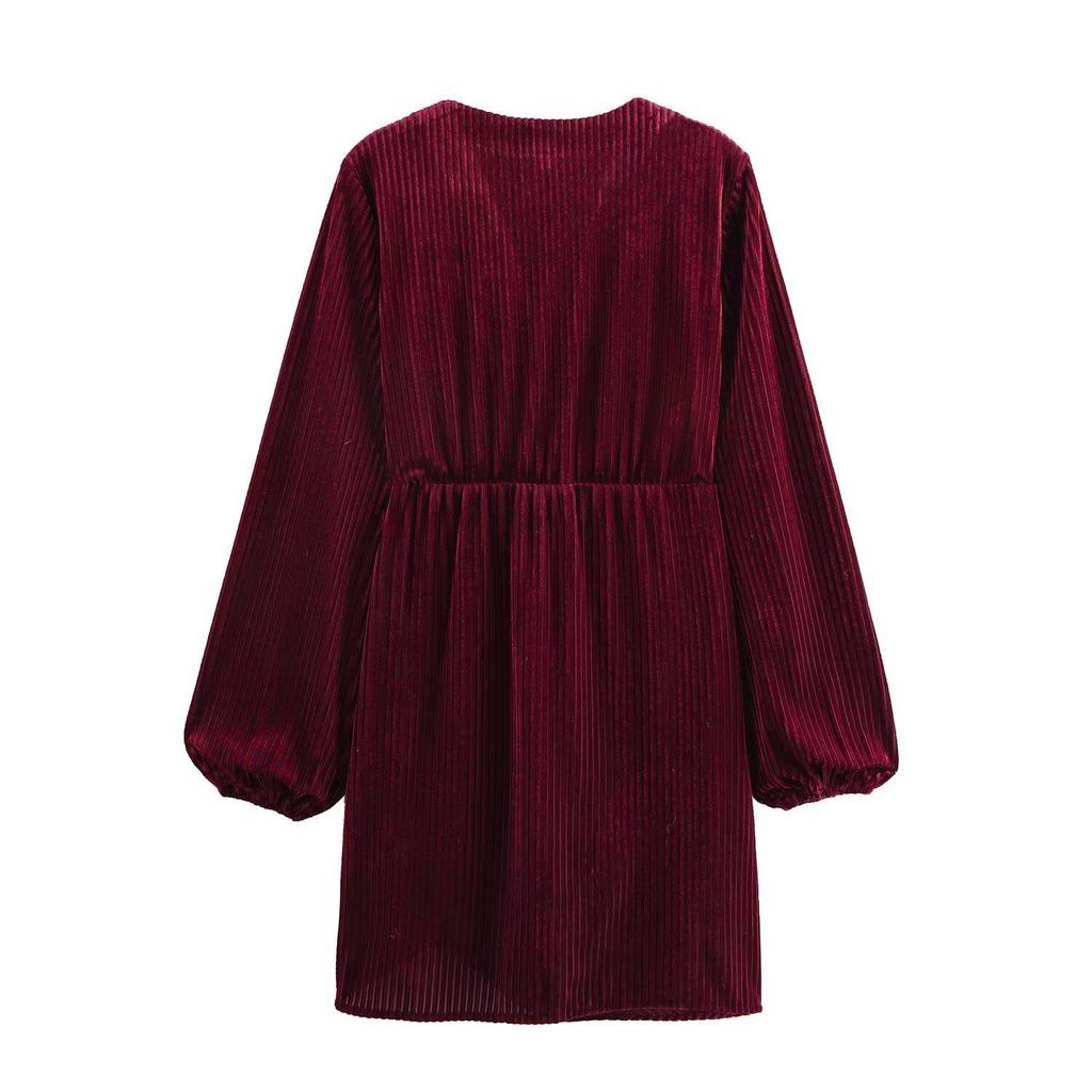 2025 Spring Women's European-American Velvet Knot Dress with Lining