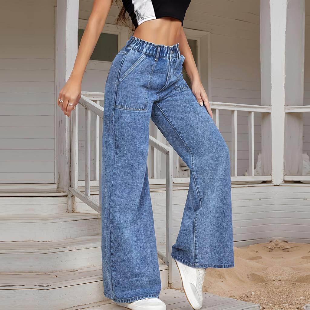 Женские джинсы широкие брюки клёш повседневные с высокой посадкой прямые джинсовые брюки с карманами
