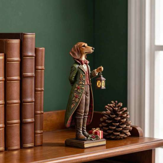Hand Painted Puppy Desk Accessory Christmas Dachshund Figurine with Lighted Lantern, Resin Gentleman Dog Statue, Holiday Tabletop Decor for