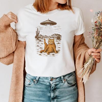 Alien Cat Tee Funny Abduction Shirt, Orange Cat Graphic T-Shirt, Space Cat Gift, UFO Desert Scene Shirt, Vintage Kitty Humor Tee