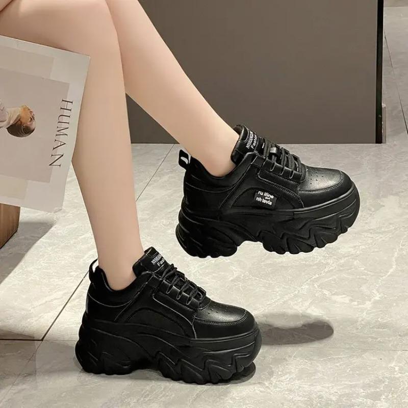 Fashion White Black Chunky Sneakers Women Spring Autumn Thick Bottom Shoes Woman's Fashion PU Leather Platform Sneakers Ladies Lace-up