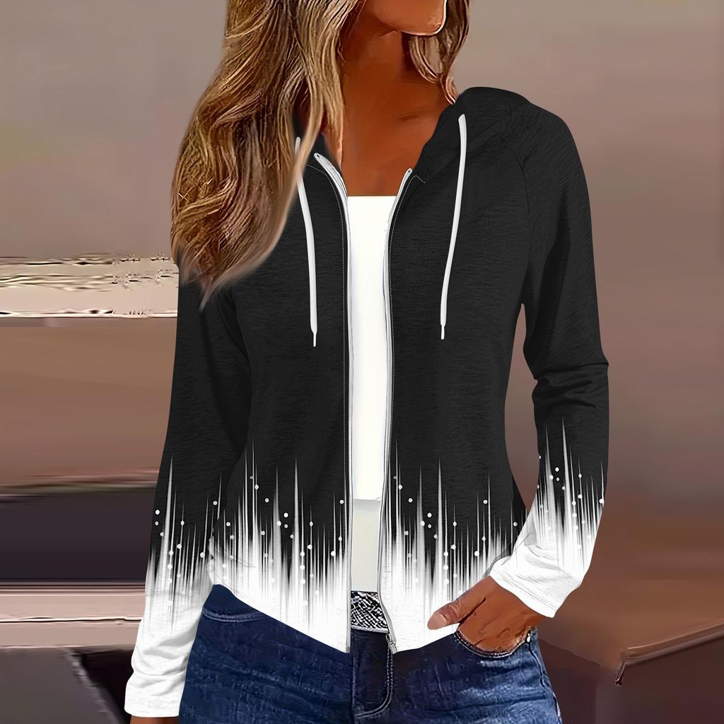 Fashion Casual Up Womens Zip Hooded Print Long Sleeve Sweatshirts Coat