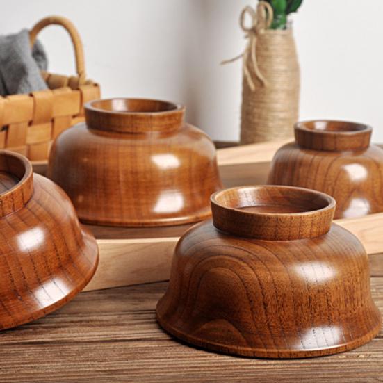 190/240/300/425/475ml Wooden Bowl Reusable Reverse Edge Round Thickened Anti-scalding High-footed Mongolia Style Rice Bowl Kitchen