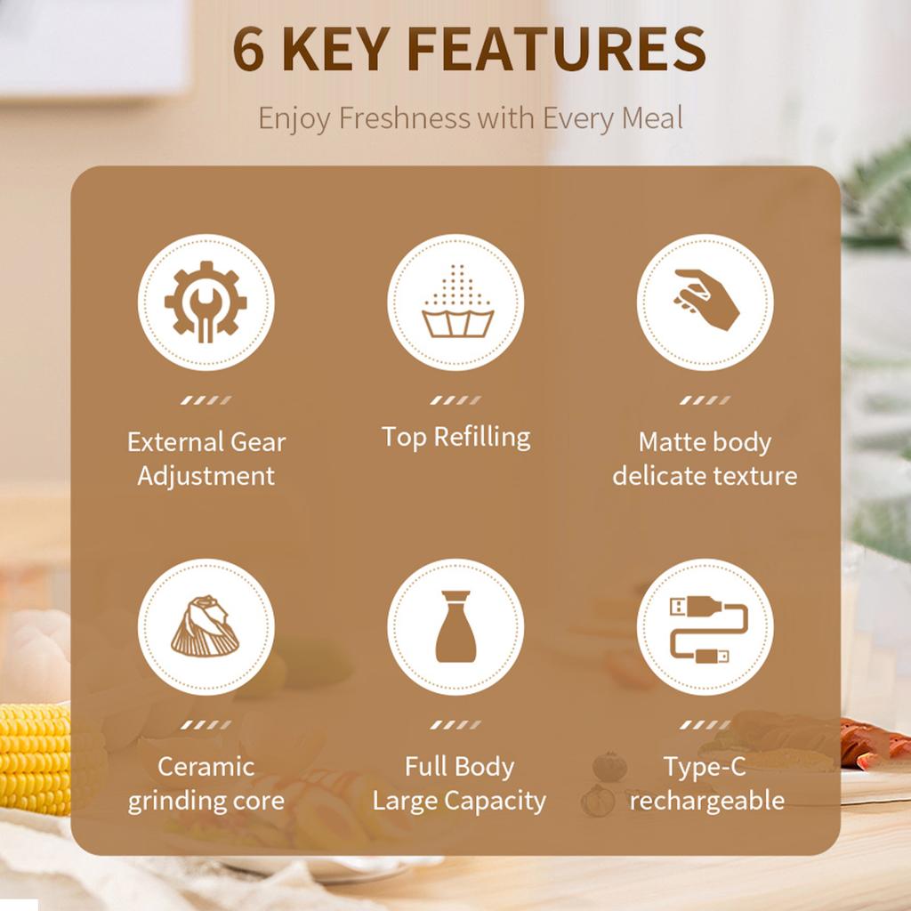 Автоматическая мельница для перца с 6 уровнями регулировки, керамическая мельница, перезаряжаемая, заправляемая