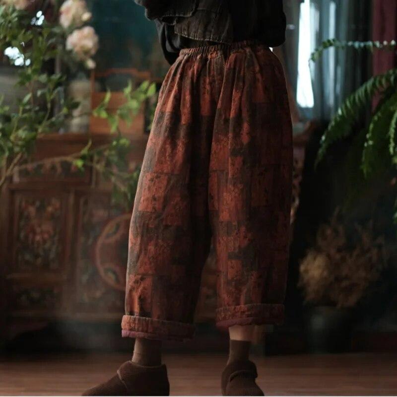 Johnature Женские зимние теплые широкие брюки с цветочным принтом и эластичной резинкой на талии плюс хлопковые брюки винтажные женские длинные брюки