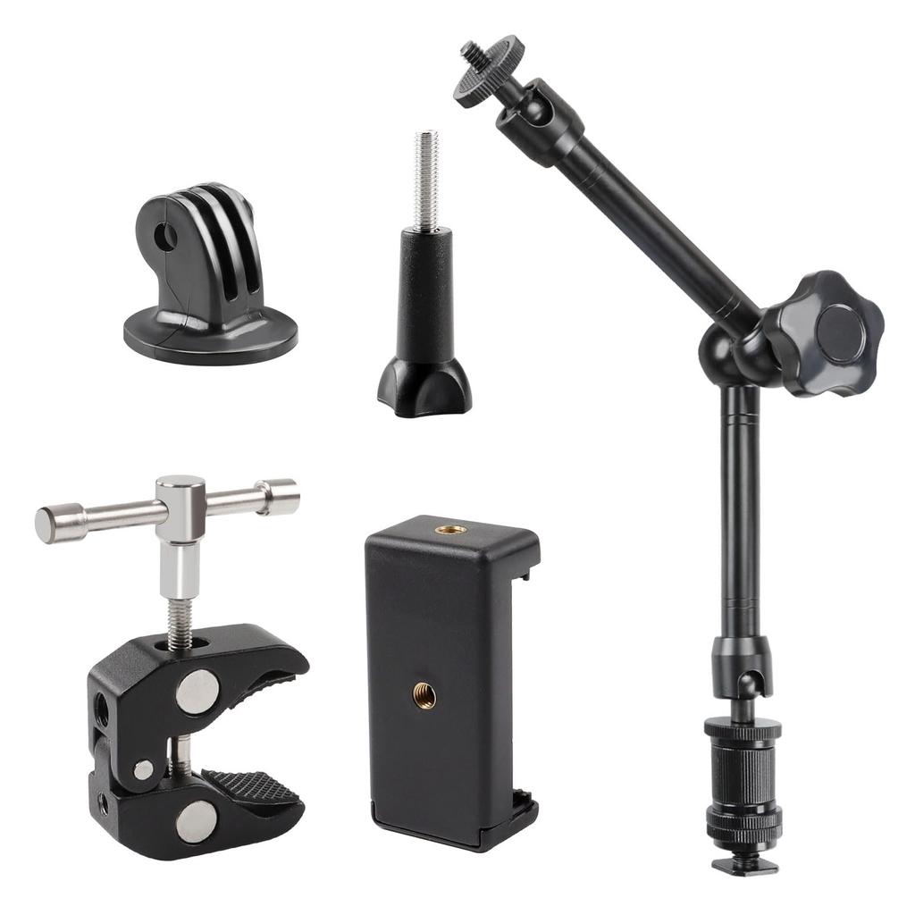 TECDW Adjustable Magic Super Ball Articulating Magic Arm with and Screw Magic Arm Clamp for LED Flash Camera 11" Arm, Clamp, 360° Head, 1/4" 3/8"