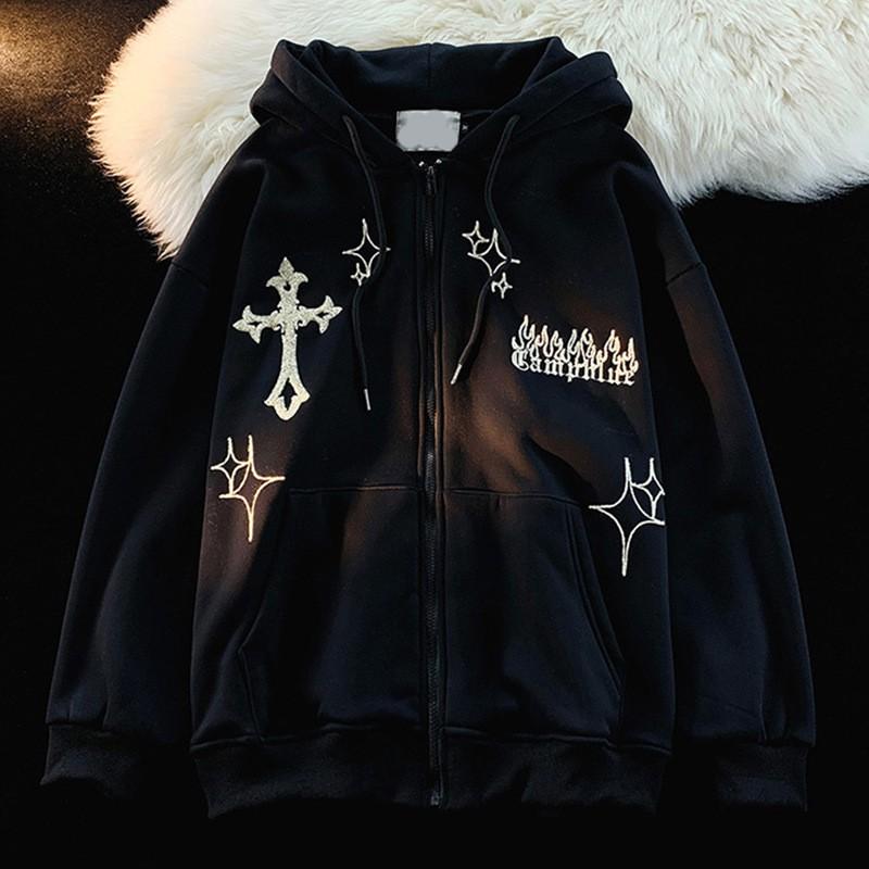Oversized Hooded Sweatshirt Women - Gothic Streetwear With Cross Print Zipper Front Loose Fit Long Sleeve