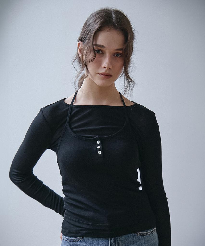 VEM.VER Button-Detail Bustier Layered T-Shirt_Black