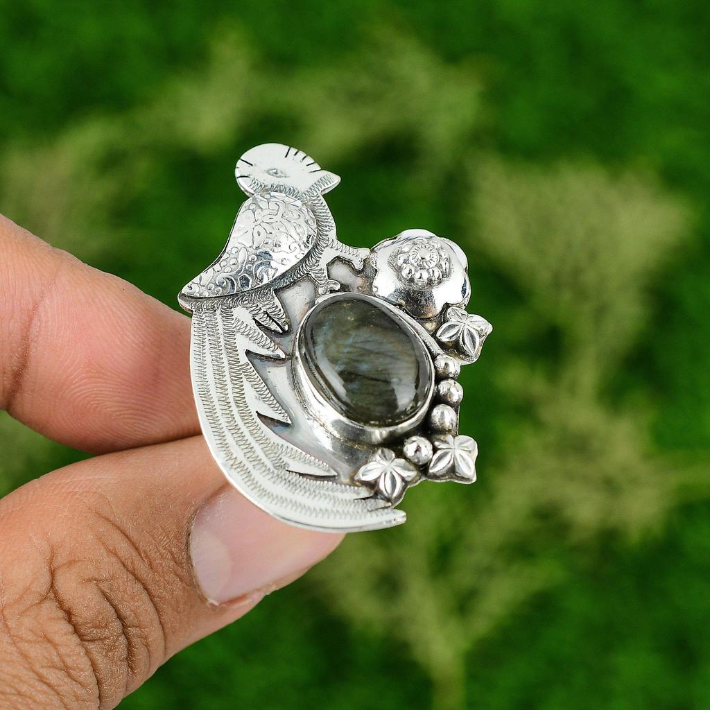 Gift For Her Natural Labradorite Promise Bird Adjustable Ring 925 Silver