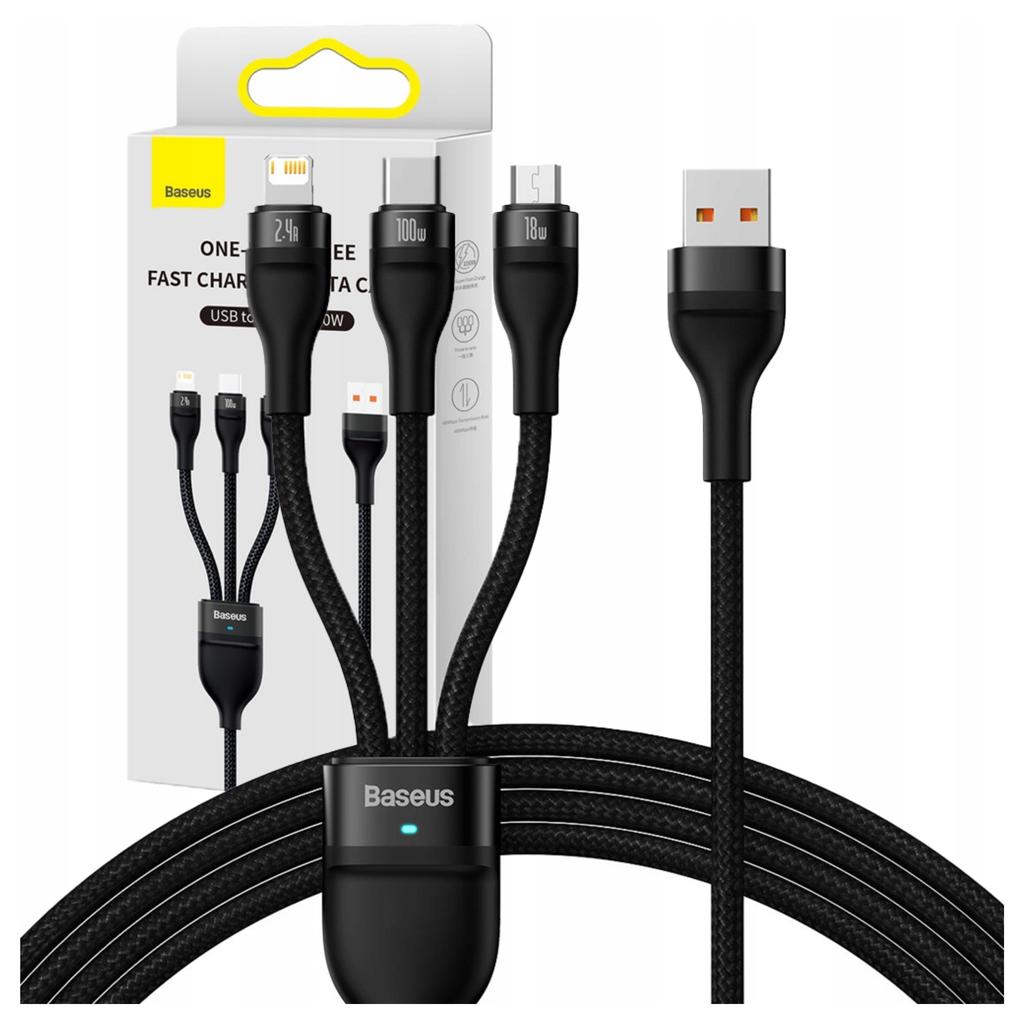 Kabel Usb 3W1 Baseus Flash Series, Usb-C + Micro Usb + Lightning, 100W, 1.2M (Czarny)