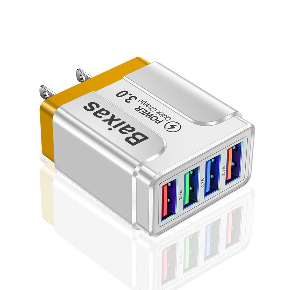 Цветное 4-портовое USB-зарядное устройство 3A для мобильных телефонов и планшетов, дорожное - Стандарт ЕС/США/Великобритании