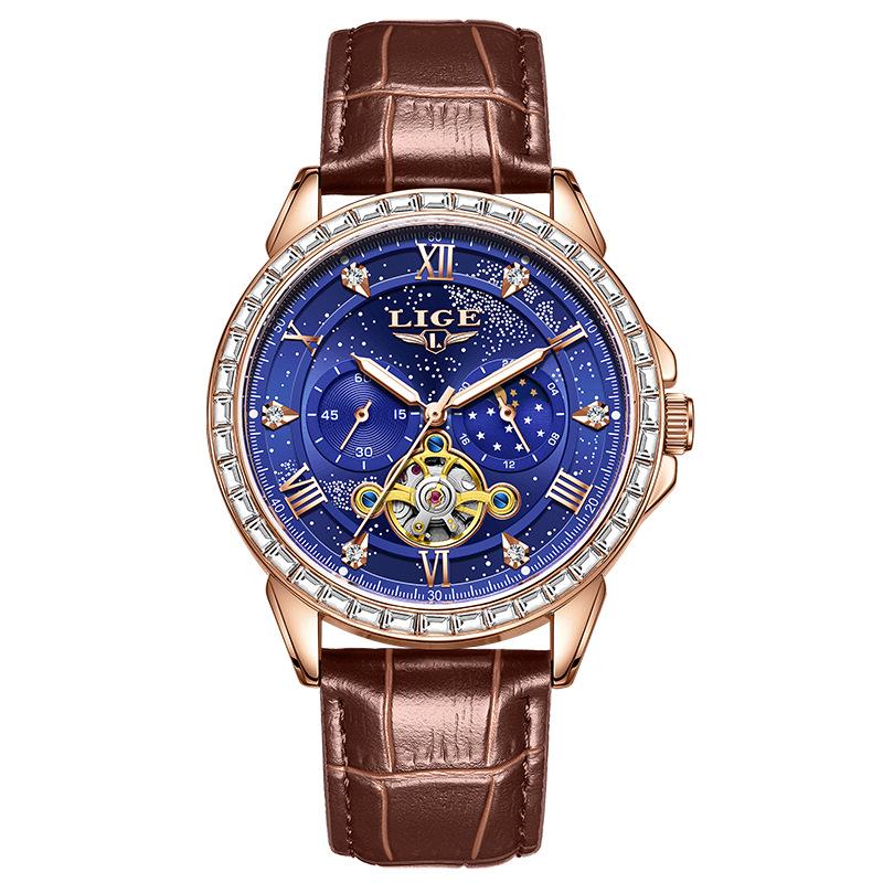 Мужские механические водонепроницаемые часы LIGE с турбийоном и фазами луны