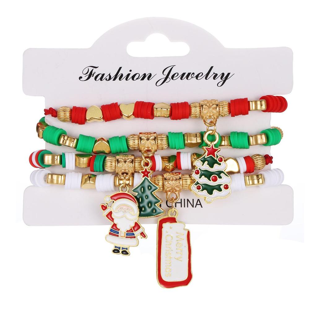 Christmas Polymer Clay Bead Bracelet Set: Santa Claus, Reindeer, and Tree