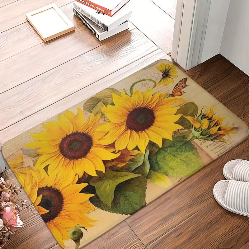 Sunflower Kitchen Bathroom Mat Non-Slip Machine Washable Runner Rug Decorative Home Office Laundry Room Floor Standing Pad