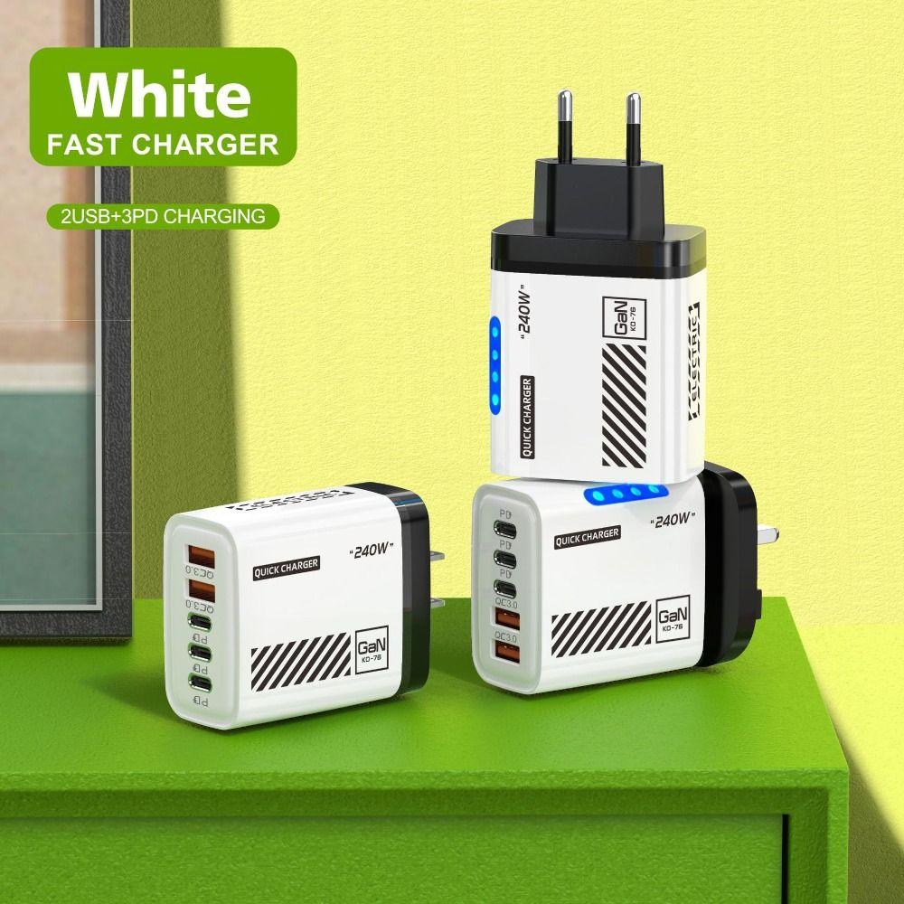 USB A+C Total 240W Charger Plug With Light Multi Port Phone Charger Adapter PD QC3.0 EU/US for iPhone/Xiaomi/Samsung