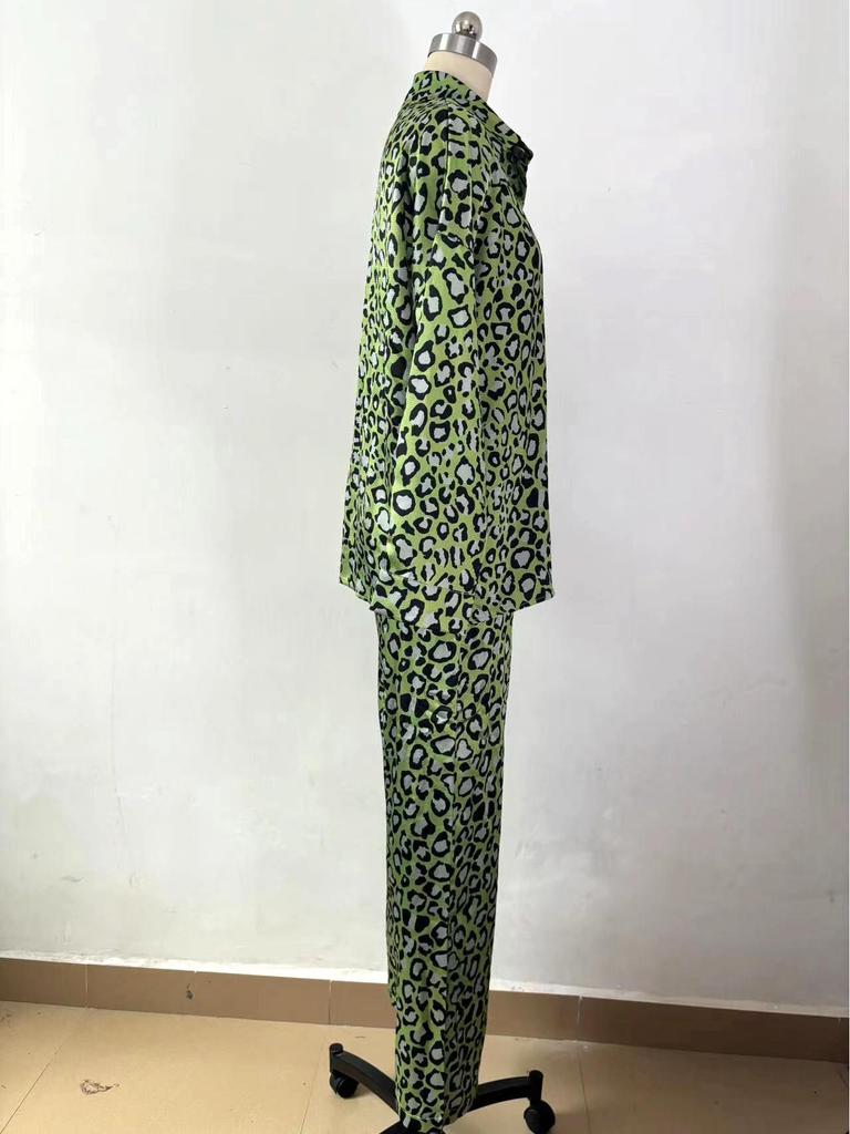 Женский повседневный комплект из двух предметов с леопардовым принтом, весна 2024: Топ с длинным рукавом и брюки